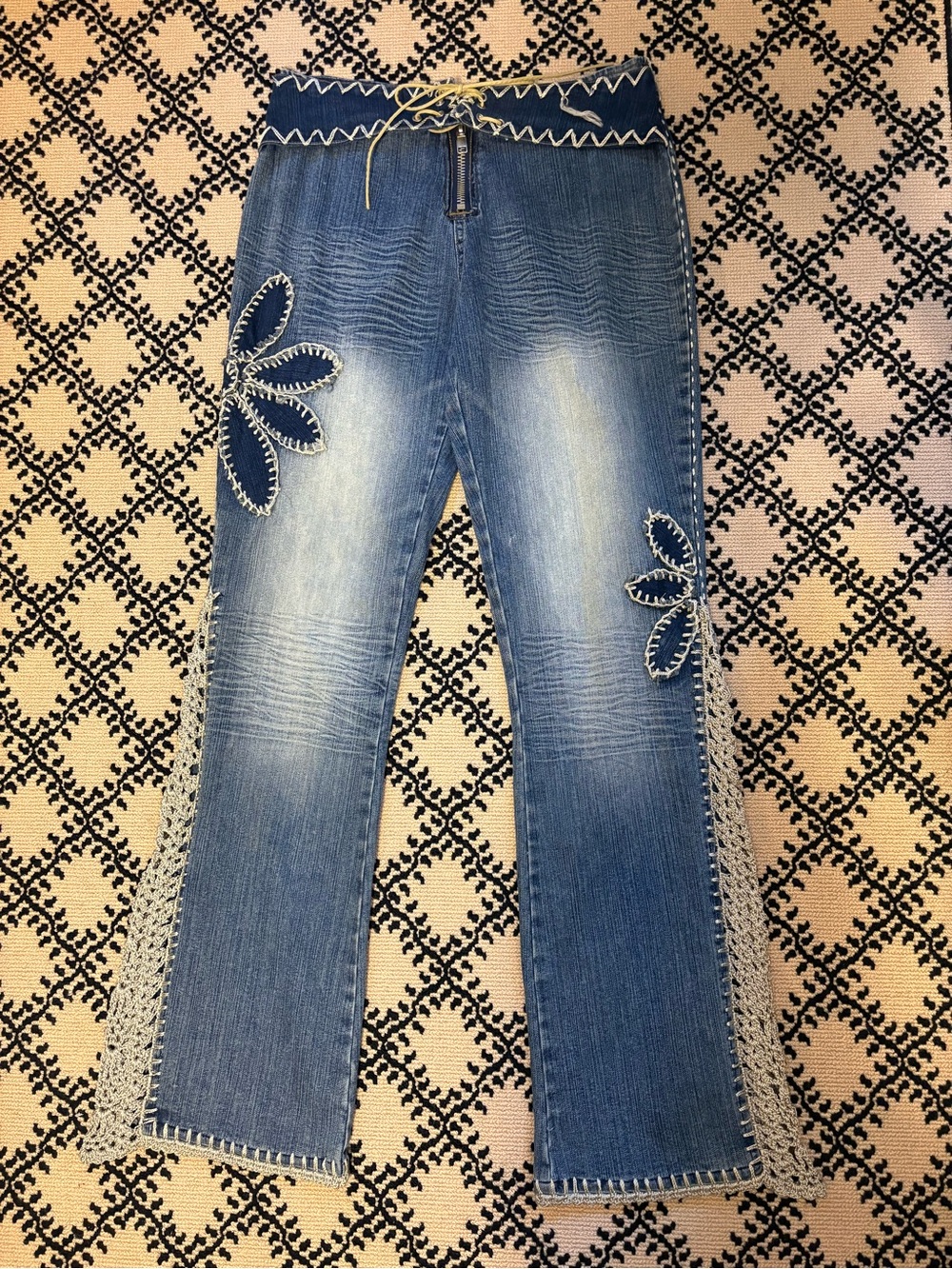 Blue Denim Flare Jeans with Crochet Side Panels